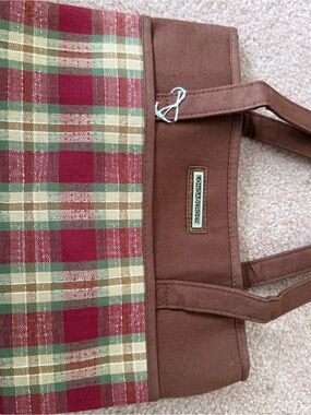 Longaberger Brown Canvas Tote with Red, Green & Cream Plaid